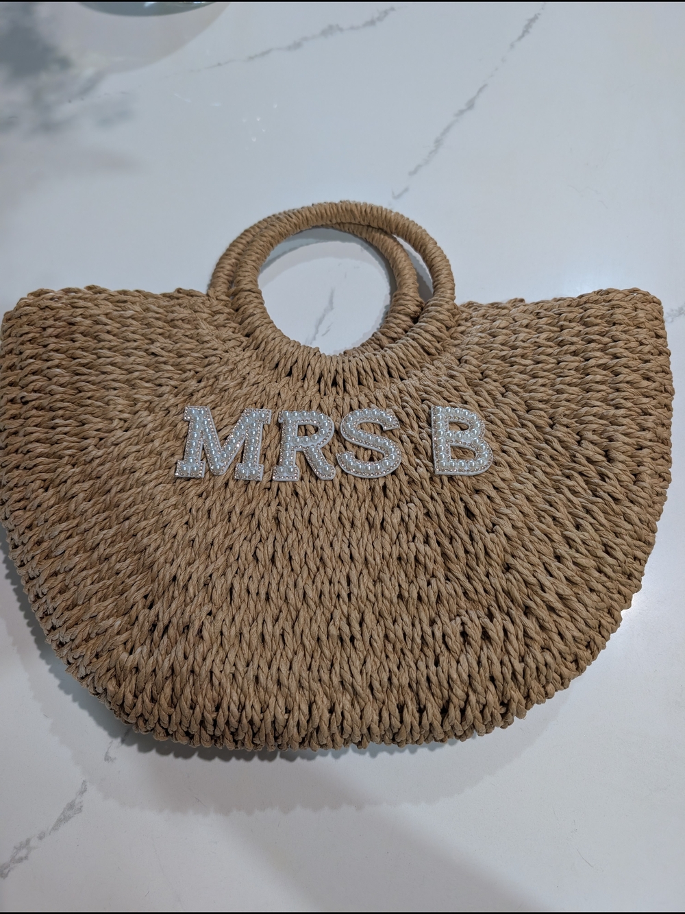 Personalized Straw Tote Bag "MRS B" - Natural Beach Handbag